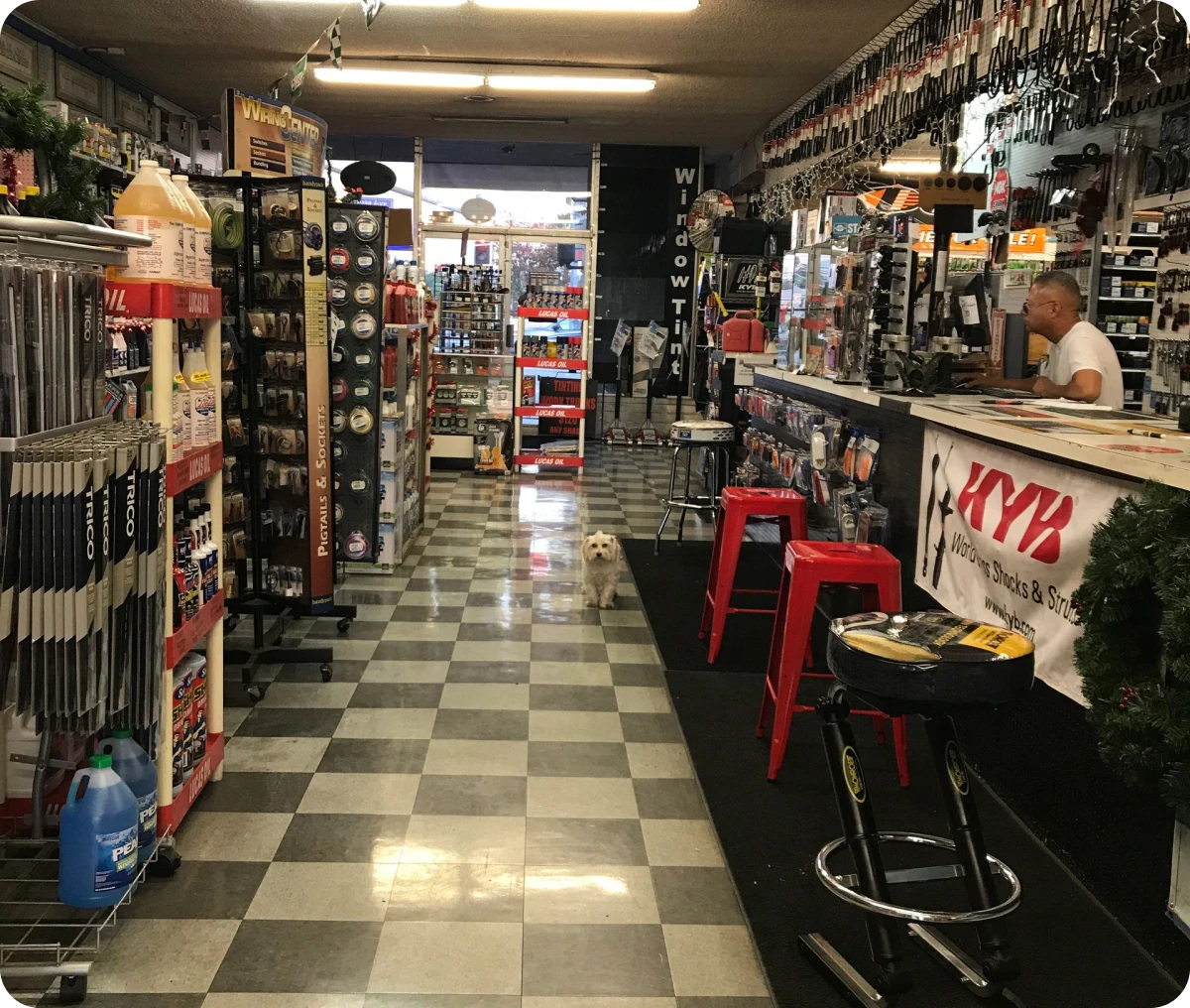 Auto parts store interior with checkered floor